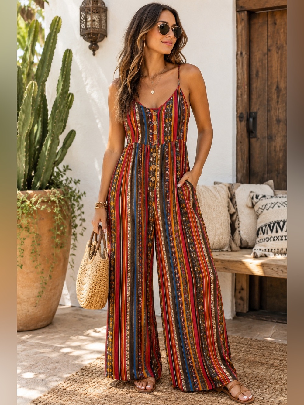Lilyful Multicolor Striped boho Spaghetti-Strap jumpsuit size S